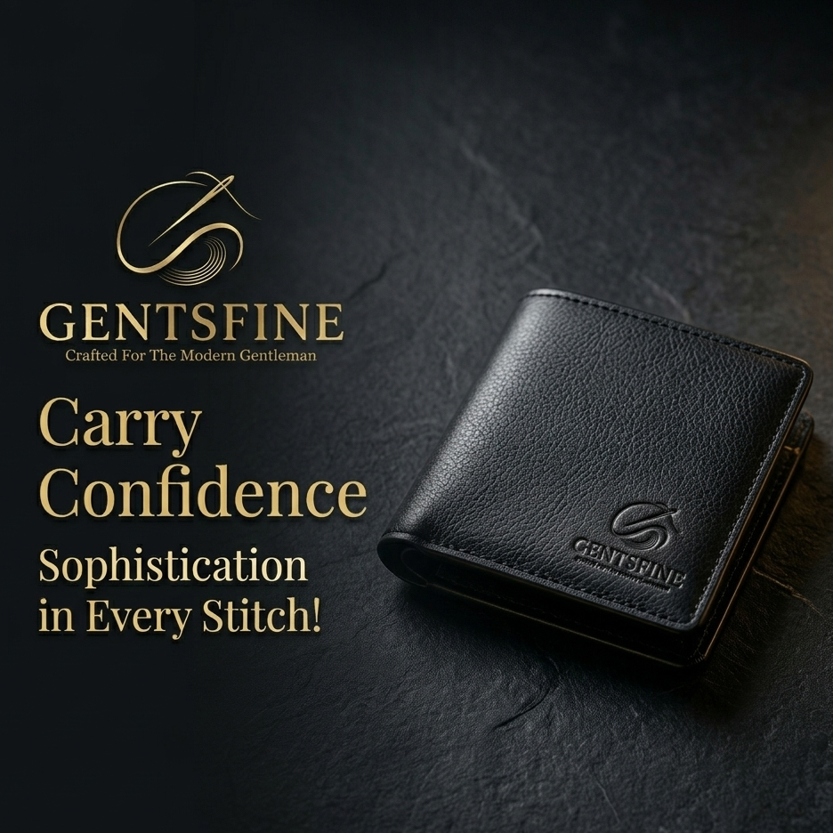 Black leather wallet with GENTSFINE branding on a dark textured background