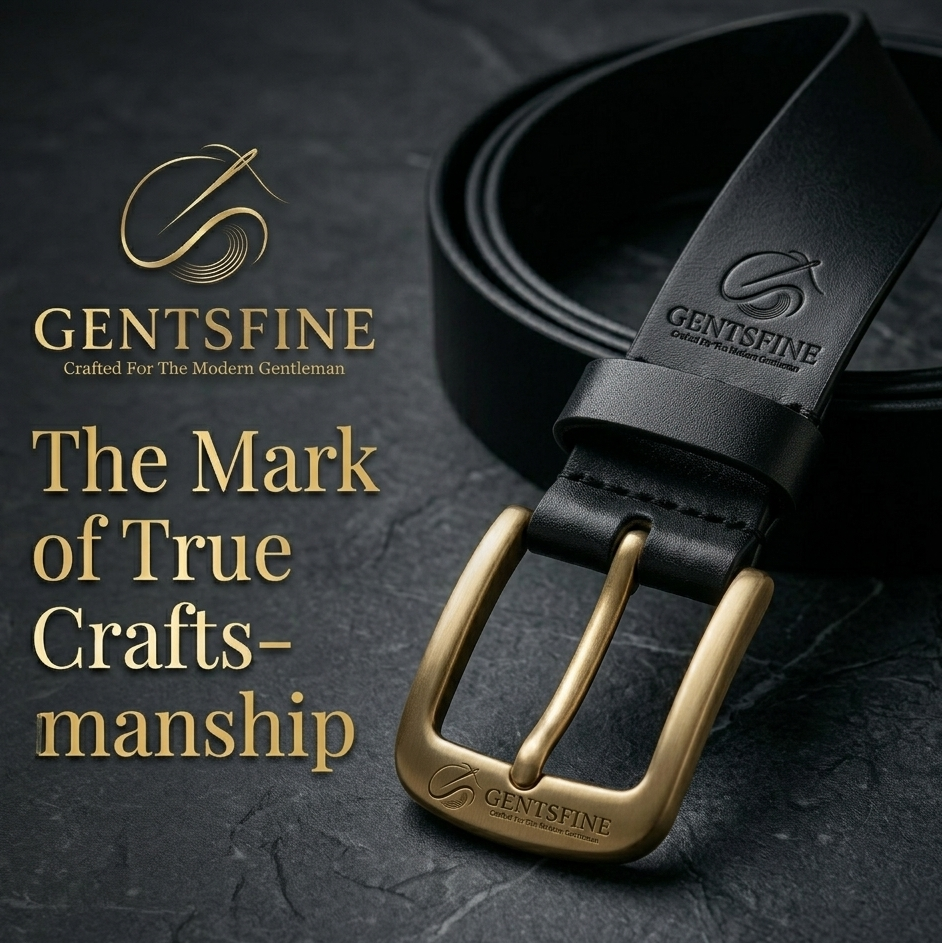 Black leather belt with gold buckle on a dark textured background, featuring the GENTSFINE brand.