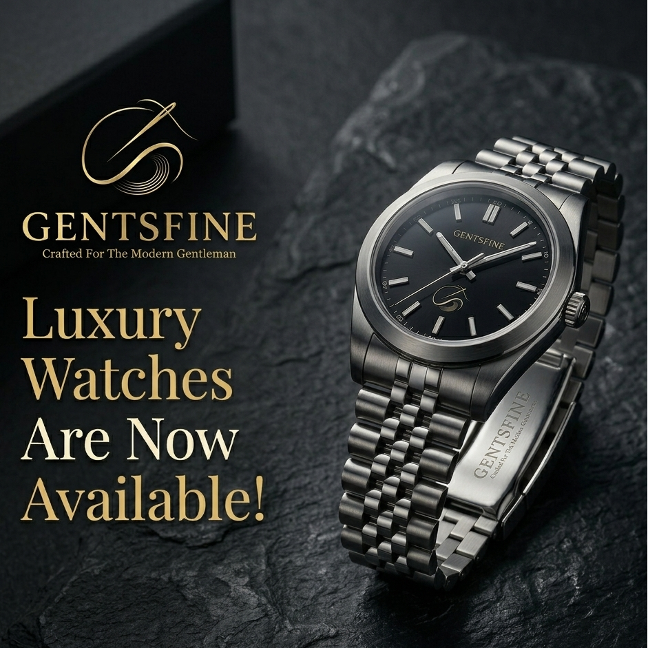 Luxury watch with 'GENTSFINE' branding on a dark background